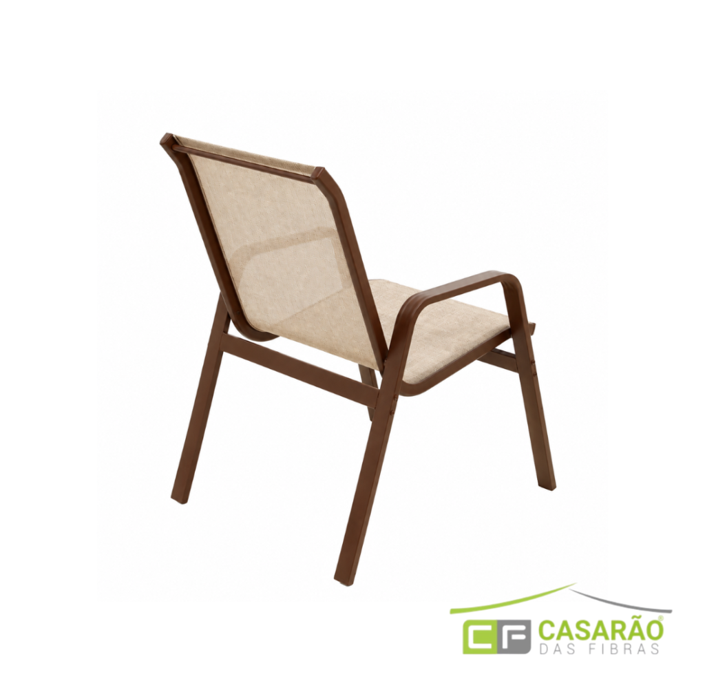 Cadeira Classic alumínio com braços, estrutura marrom e assento e encosto em tela sling bege