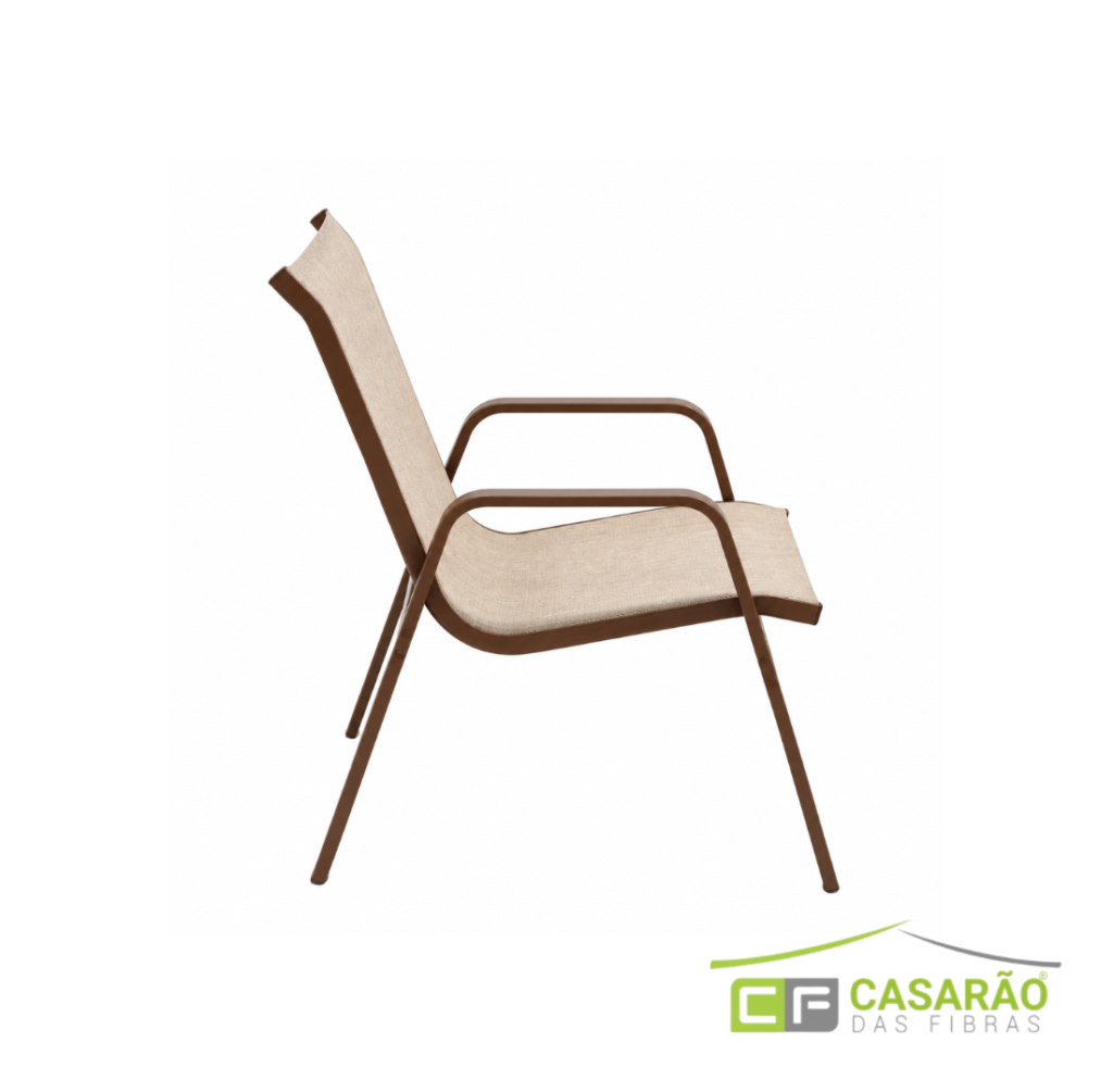 Cadeira Classic alumínio com braços, estrutura marrom e assento e encosto em tela sling bege
