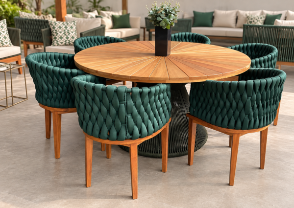 Conjunto de mesa Hadassa madeira com tampo redondo em raios, base trançada verde e cadeiras de tricô náutico verde com pés de madeira